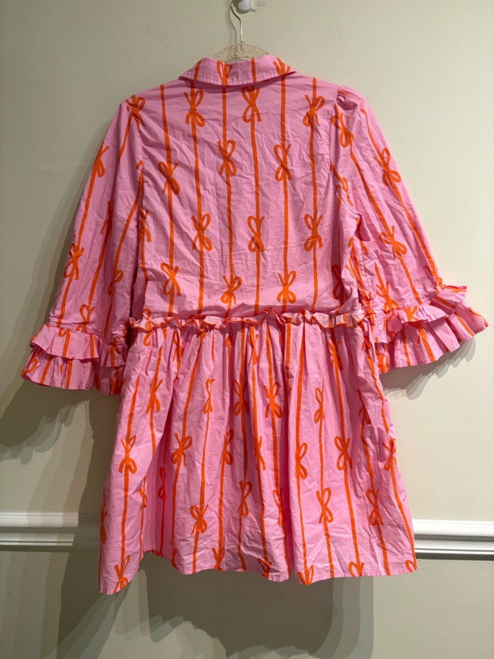 Ivy City Co Bowie Pink Orange Bow Print Cotton Tiered Mini Dress Size Small - Picture 7 of 10